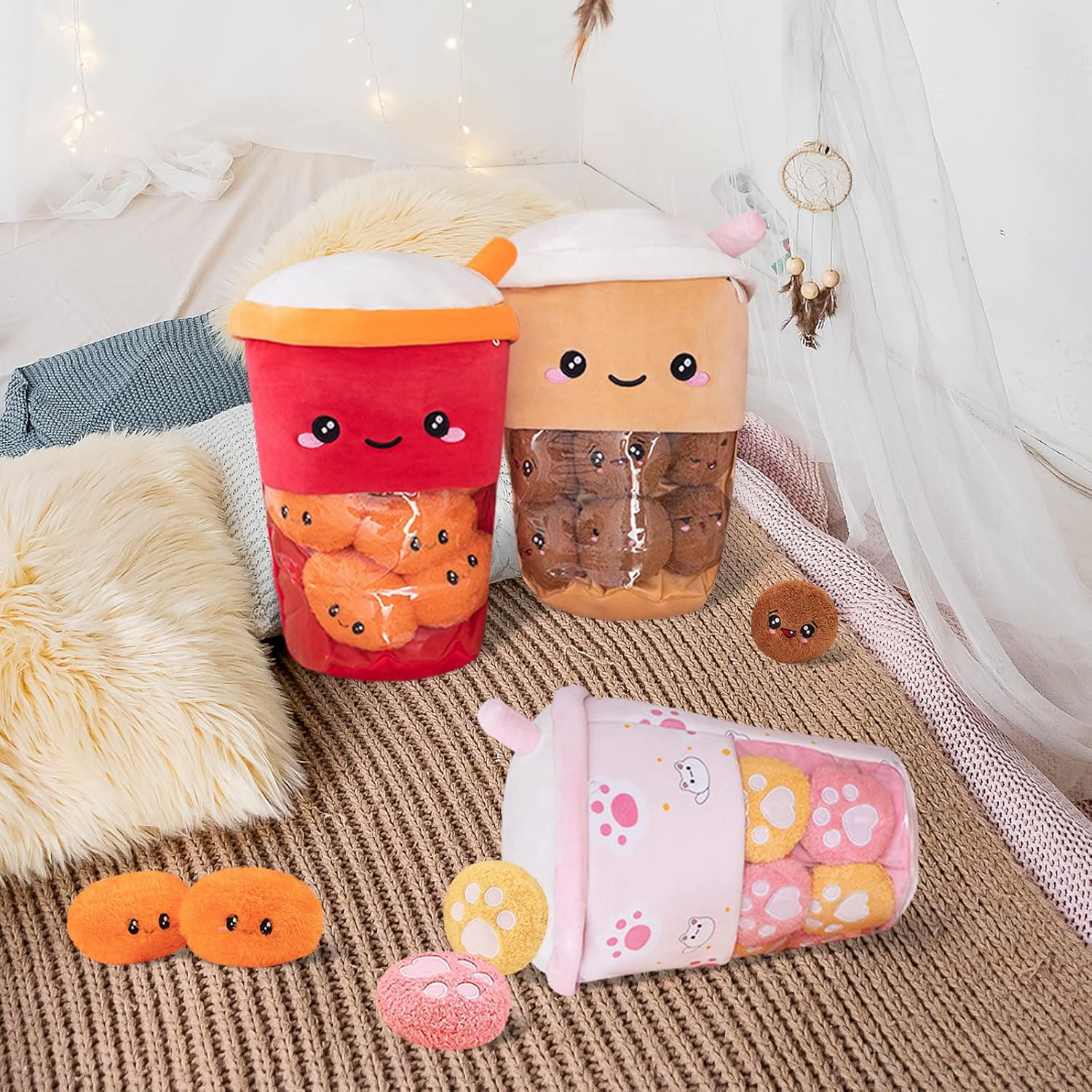 Nenalayo Cute Boba Tea Plushies Toy, Stuffed Bubble Tea Plush Pillow, Removable Soft Snack Cup Shaped Pillow Creative Gifts for Kids 13.7 Inch(6 Dolls Brown)