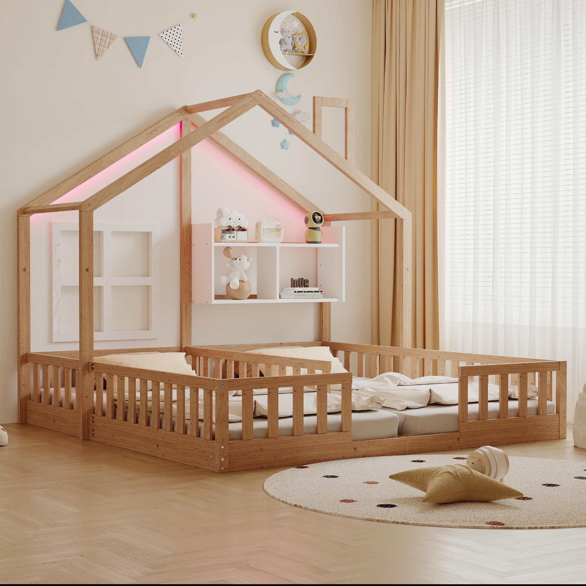 Kinderbett Bodenbett 180x200,Hausbett mit Rausfallschutz&Lattenrost,Montessori Bett mit Ablageflächen&LED-Beleuchtung,Freistehendes Doppelbett Gitterbett Bettgestell Spielbett,Ohne Matratze,Holzfarbe