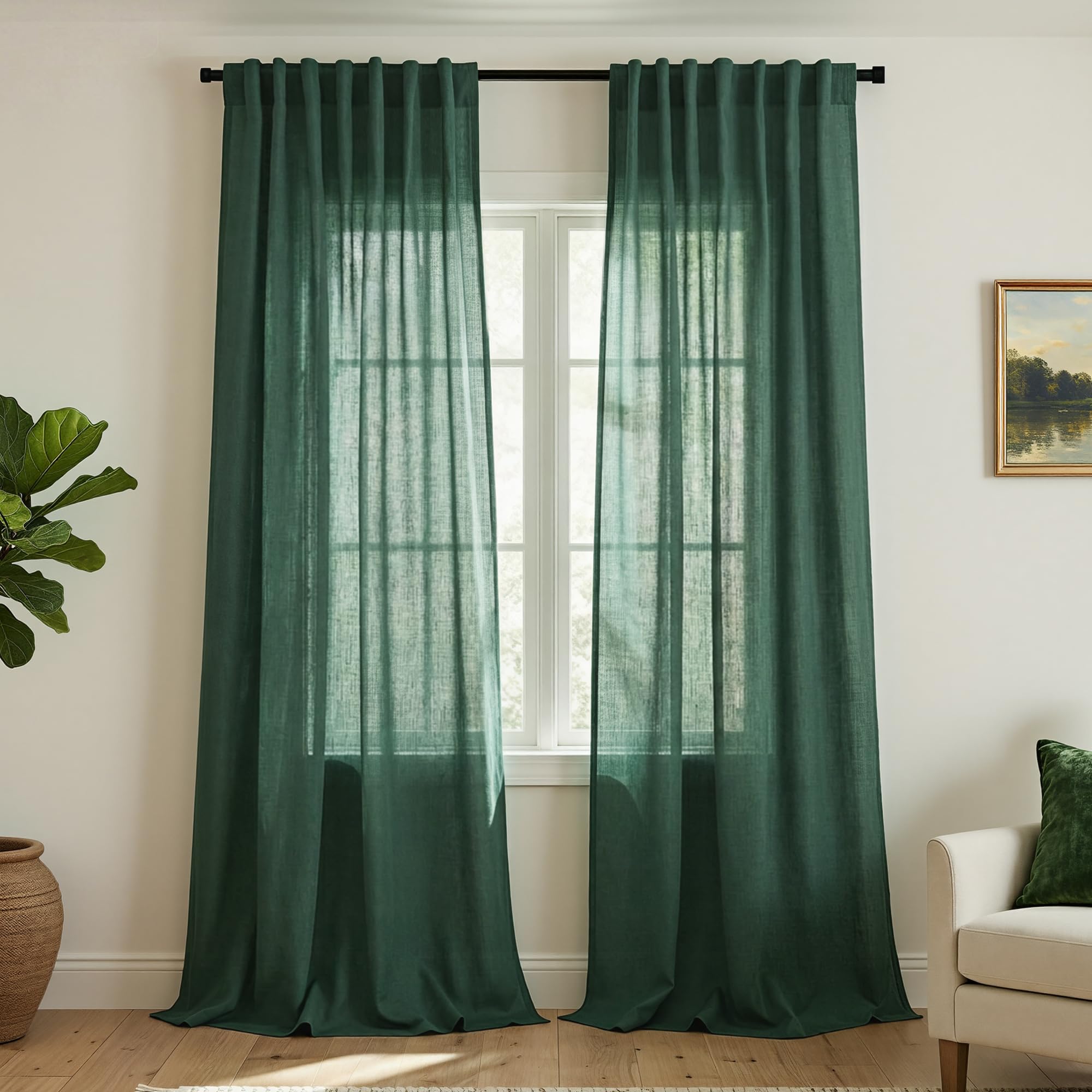 Mrs.Naturall Hunter Green Back Tab Linen Blend Sheer Curtains for Bedroom 52x96 Inch Length โ image 1