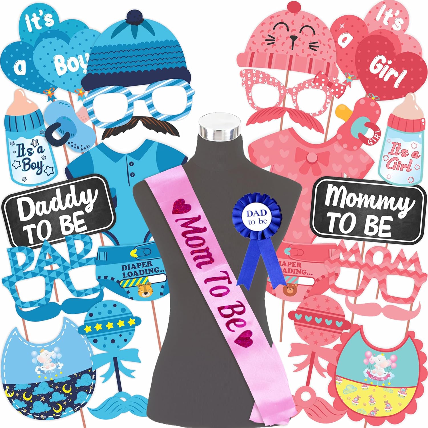 Wobbox Baby Shower Decoration Items| Baby Shower Ceremony Photo Booth Props for Photoshoot, Mom to Be Sash, Daddy to Be Badge, Godh Bharai Ceremony Decoration Kit-(FP444)