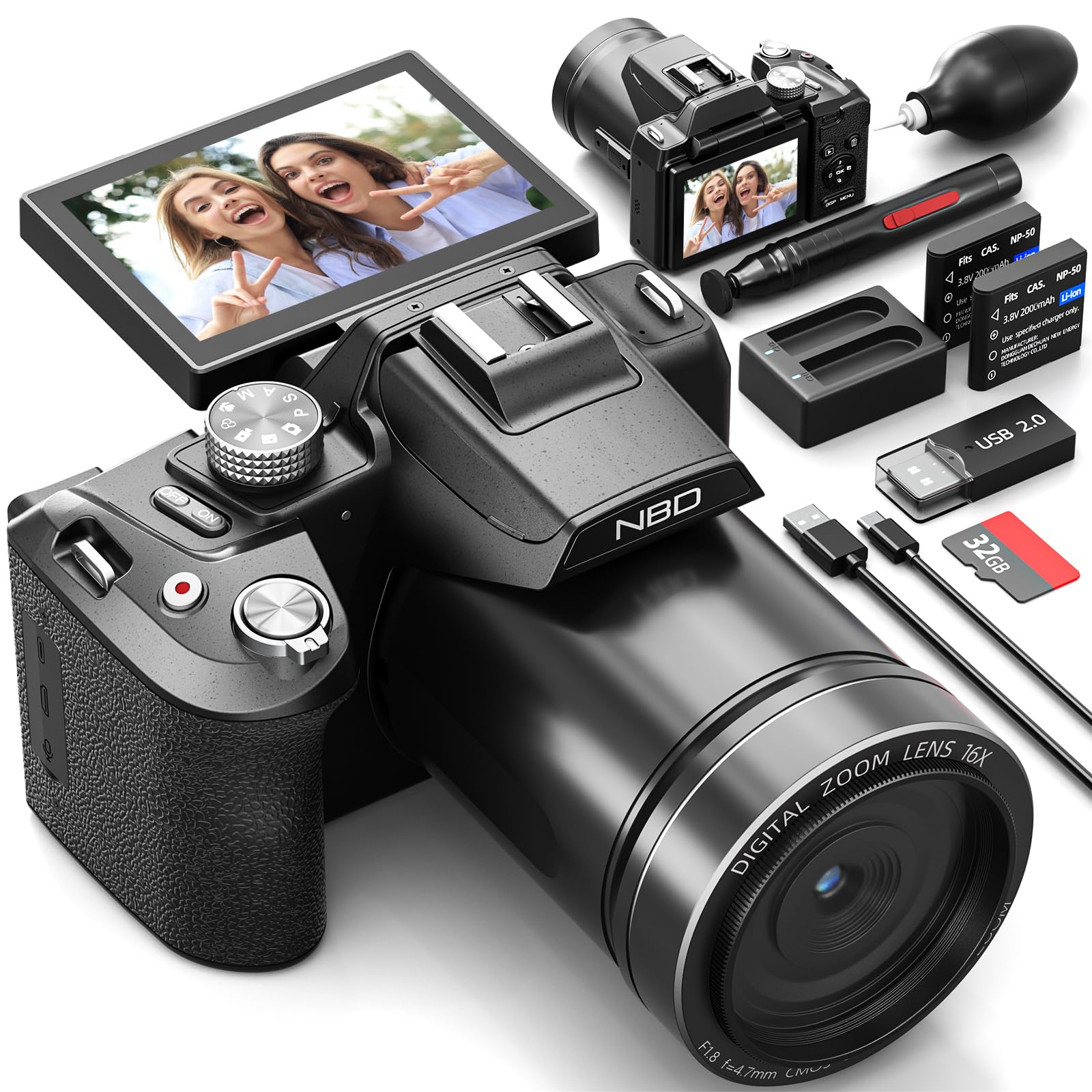 NBD Appareil Photo Numérique 8K 64MP, Autofocus, Zoom Numérique 16X, Noir | Écran 180°, WiFi, griffe flash, 2 batteries, carte 64Go, 8K/15FPS, 4K/60FPS, micro-HDMI, vlog