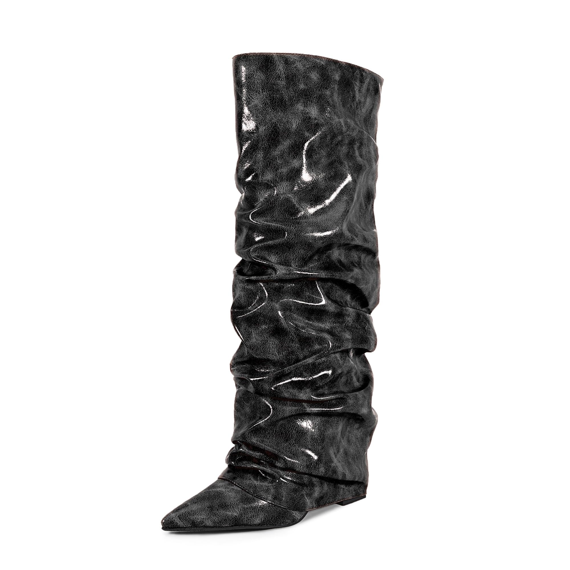 Knee-High Boots for women Folding Boot Womens Chunky Heelwith Shark Boot Pointed Toe Wild Lazy Wrinkled Boots