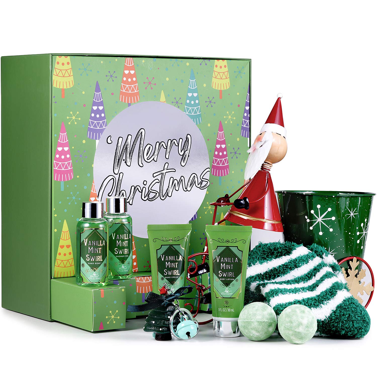 Christmas Bath Gift Set for Women, Body & Earth Spa Gifts Basket for Women 9 Pcs Vanilla Mint Swirl Scent Women Spa Bath Set with Shower Gel, Body & Hand Lotion, Bath Bomb, Christams Sock and More