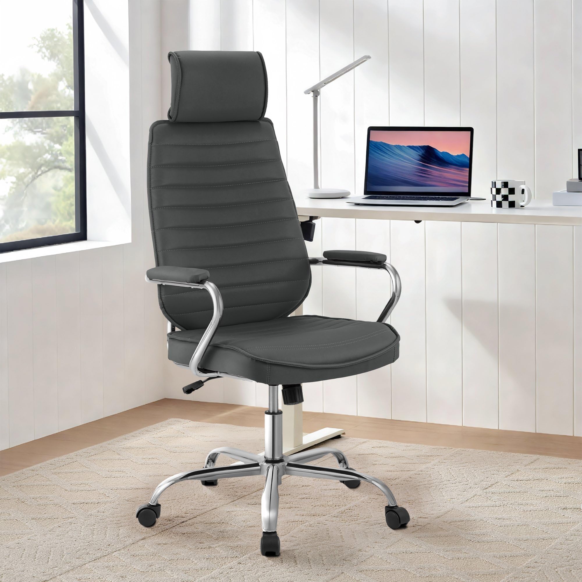 CLP Chaise de Bureau Ergonomique Rako, Réglable en Hauteur, Pivotante en Cuir Synthétique, Dossier avec Appui-tête, Accoudoirs Rembourrés, Couleur:Gris