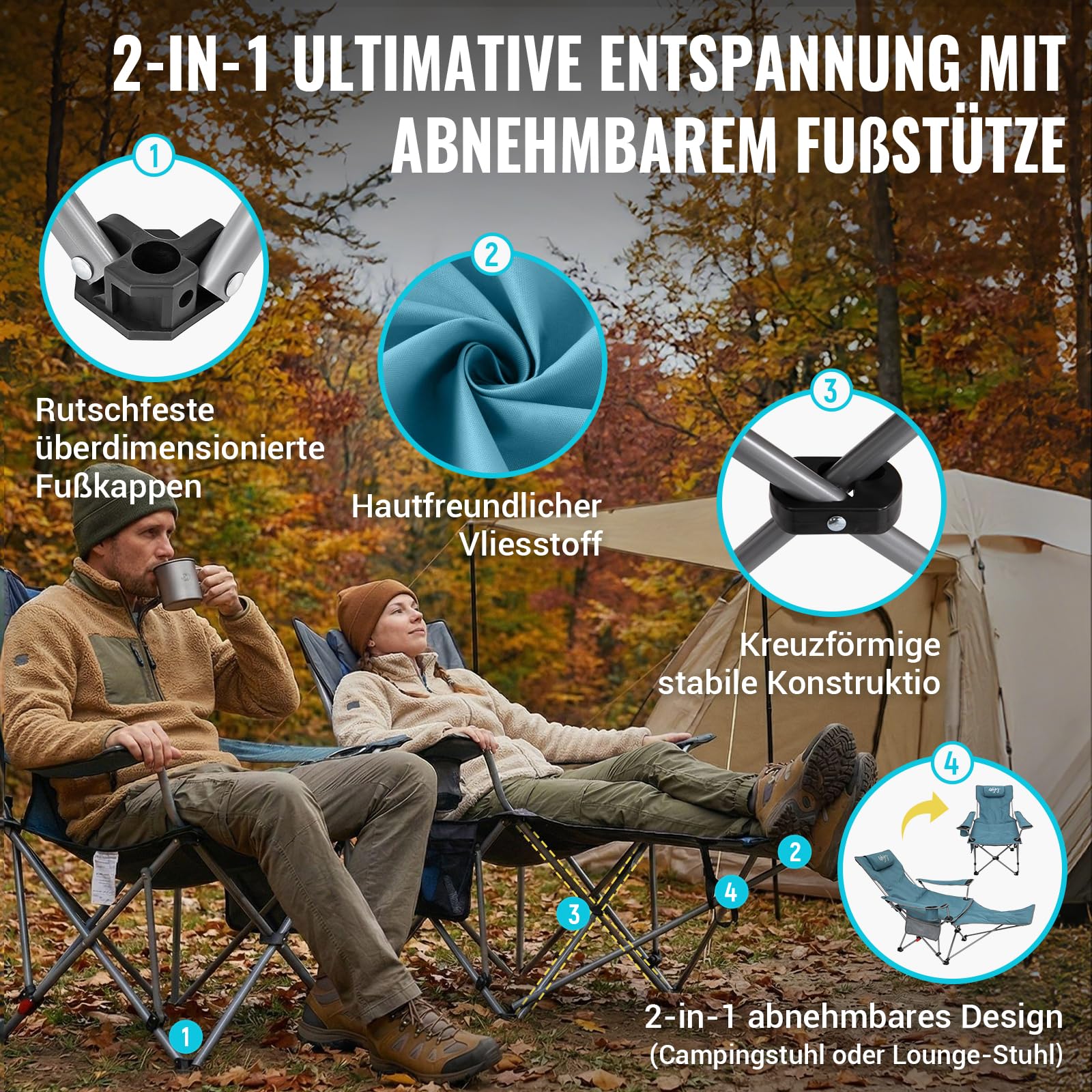#WEJOY 2-in-1 Campingstuhl Faltbar mit Fußstütze, Gepolstert Liegestuhl mit Verstellbarer Rückenlehne, Relaxsessel Liege mit Getränkehalter, Liegestuhl für Outdoor Camping Cyan 2er Set