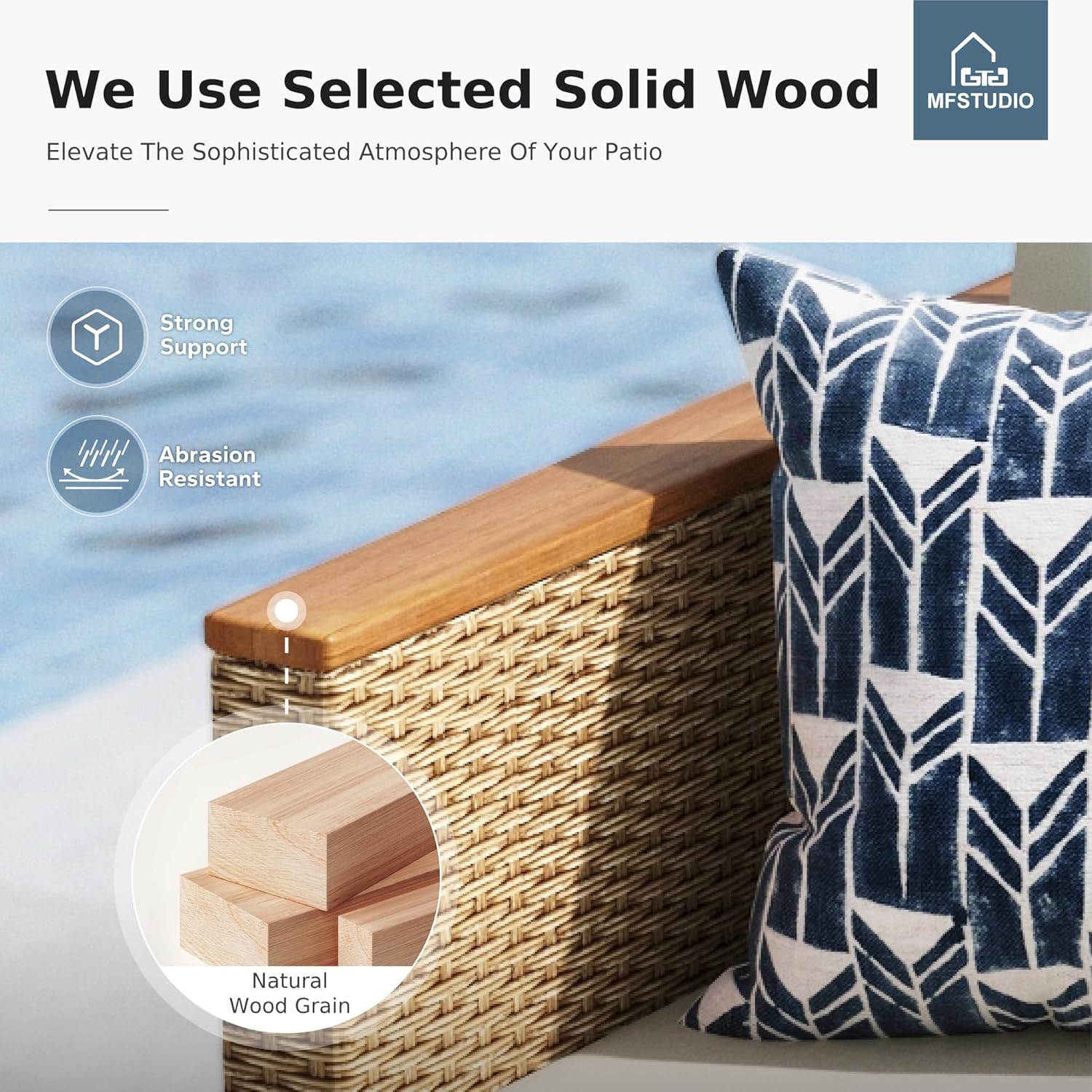 Close-up of solid wood armrest with strong support and abrasion resistant icons