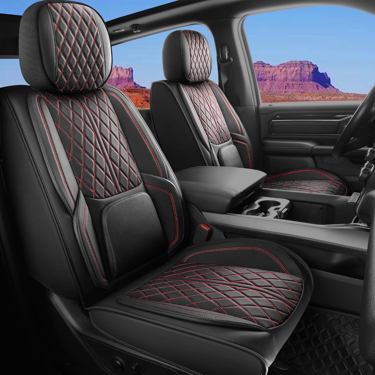 Car Seat Covers Custom Fit for Chevy Silverado GMC Sierra 1500 2007-2025 2500/3500 HD Crew Cab Pickup Truck Seat Cover Protector Cushion with Faux Leather Waterproof (BlackRedLine, Front Seat)