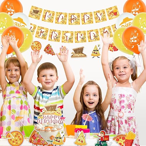 Miniatura 3 de Suministros de fiesta de pizza, 32 piezas de decoraciones de fiesta de cumpleaños, incluye pancarta, taza, decoración de pasteles, globos para niños