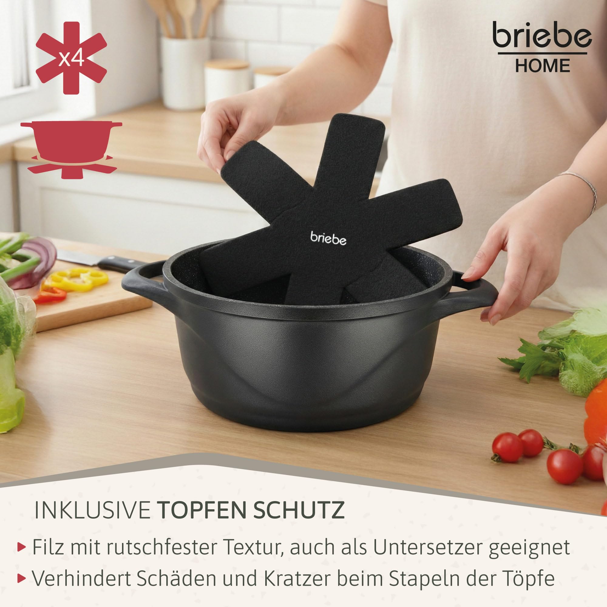 briebe Topfset Induktion 8-Teilig, Kochtopf Set 4 Töpfen aus Aluminiumguss, Antihaftbeschichtung ILAG GRANITEC ohne PFOA, Deckeln aus Glass, Topfhandschuhe Silikon, Glaskeramik, Gas, Ofen, MGK-12
