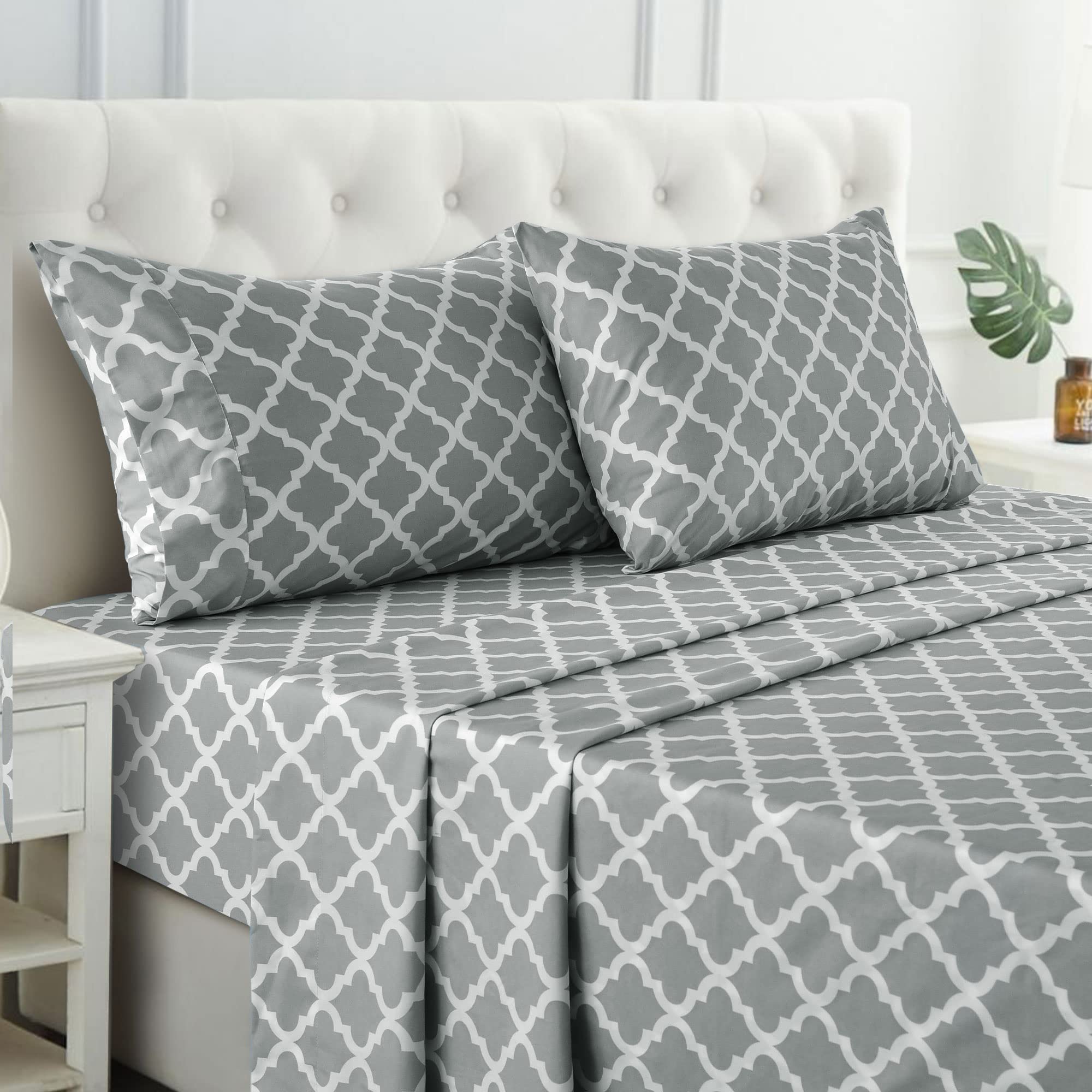 Lux Decor CollectionLDC Bed Sheets - 4 Pc King Size Sheets - High GSM Brushed Microfiber Sheets -Upto 16 Inches Deep Pocket Bedding Sheets & Pillowcases (King, Quatrefoil Grey)