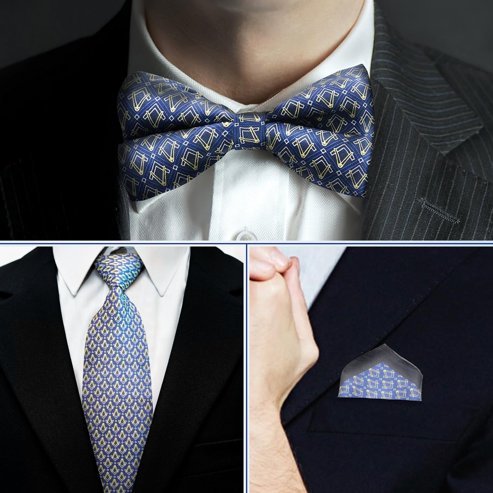 THE MASONIC COLLECTION - Corbata, pajarita y pañuelo 100% seda tejida - Cuadrado y brújula - Regalo masón para hombres