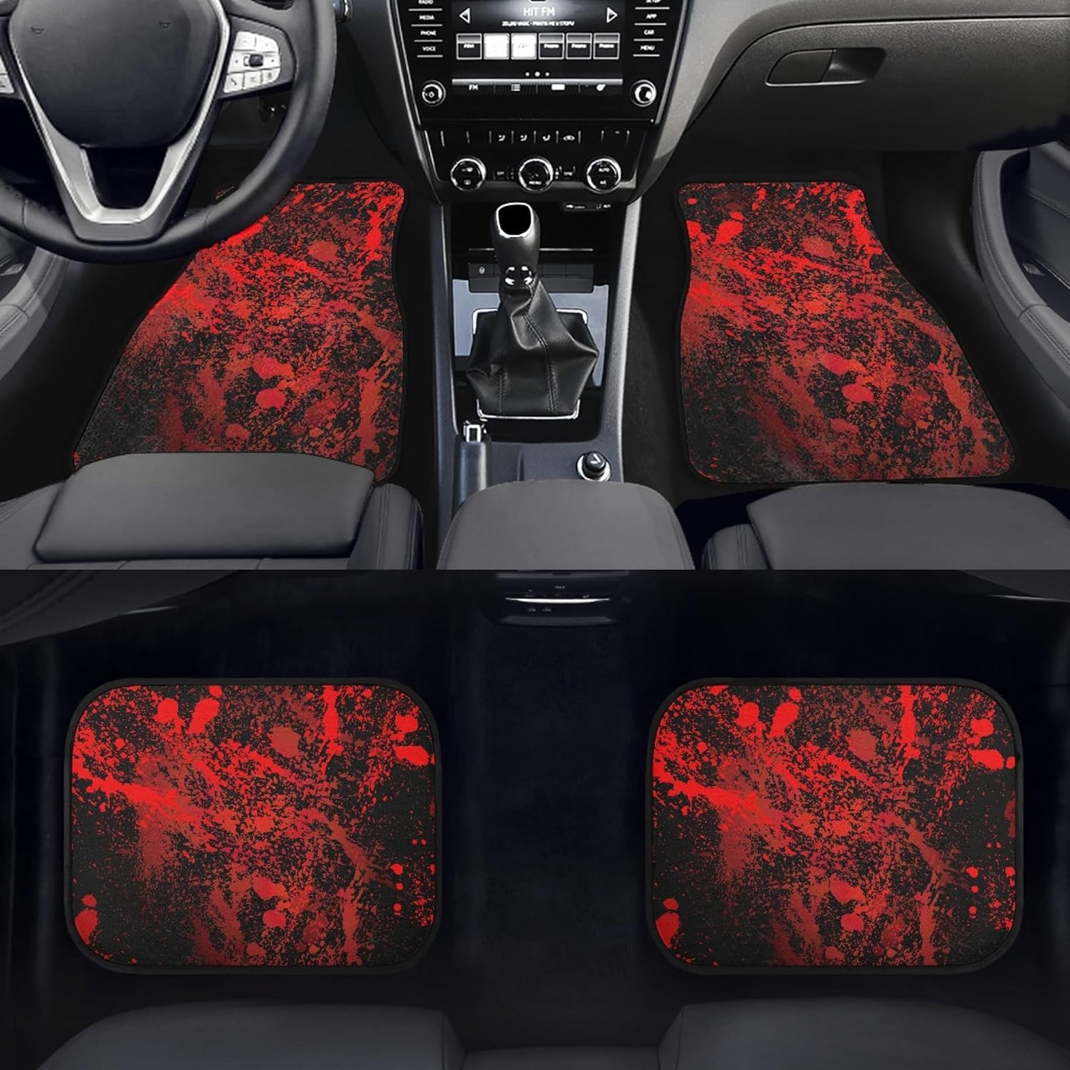 Abstract Blood Splatters Car Floor Mats Carpet 4Pcs Red Blood Splashes on Black Background Floor Mats for Cars Universal Vehicle Front Rear Rugs Grunge Print Car Decor Accessories for Trucks