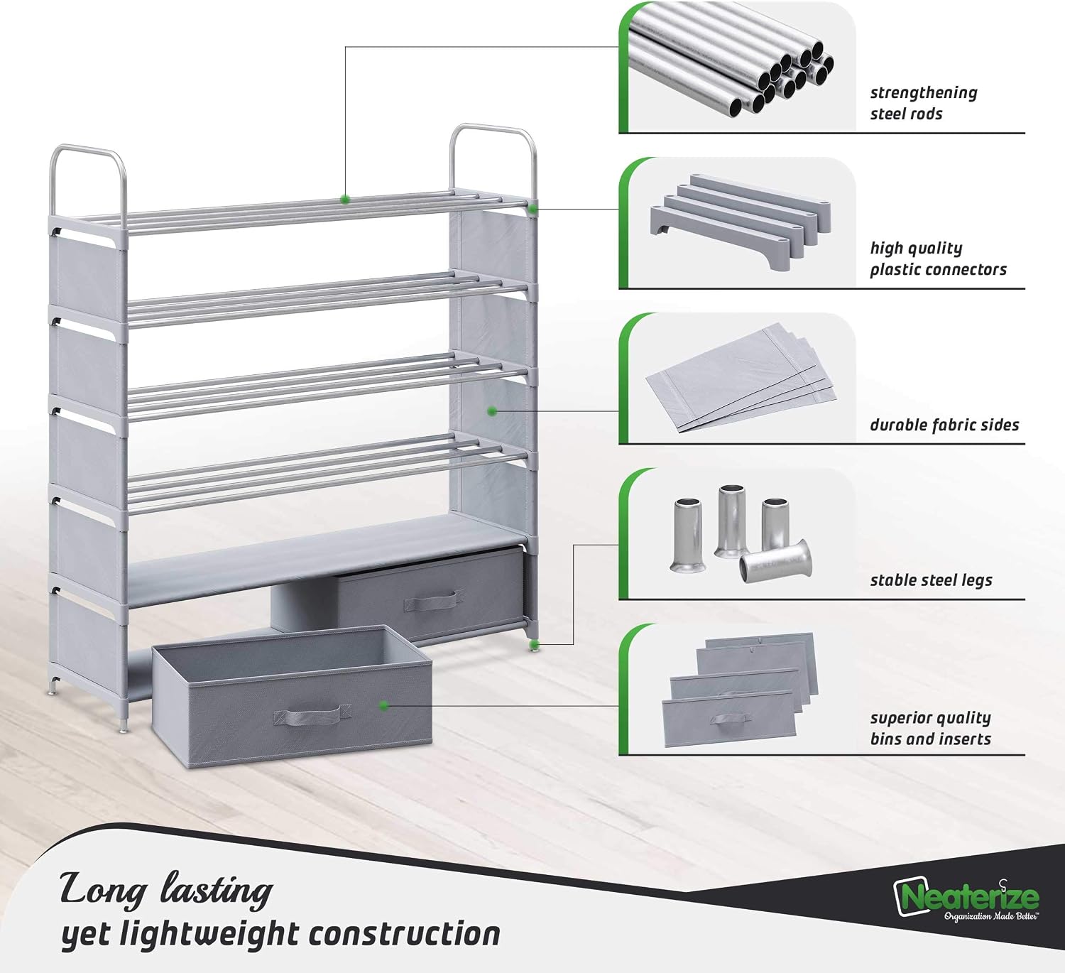 6 Tier Shoe Rack With 2 Storage Bins | Stackable, Metal, Closet Shoe Organizer | Shoe Shelf Cabinet | Organizador De Zapatos | Shoe Rack For Closets, Entryway, Living Room And Bedroom (Grey)