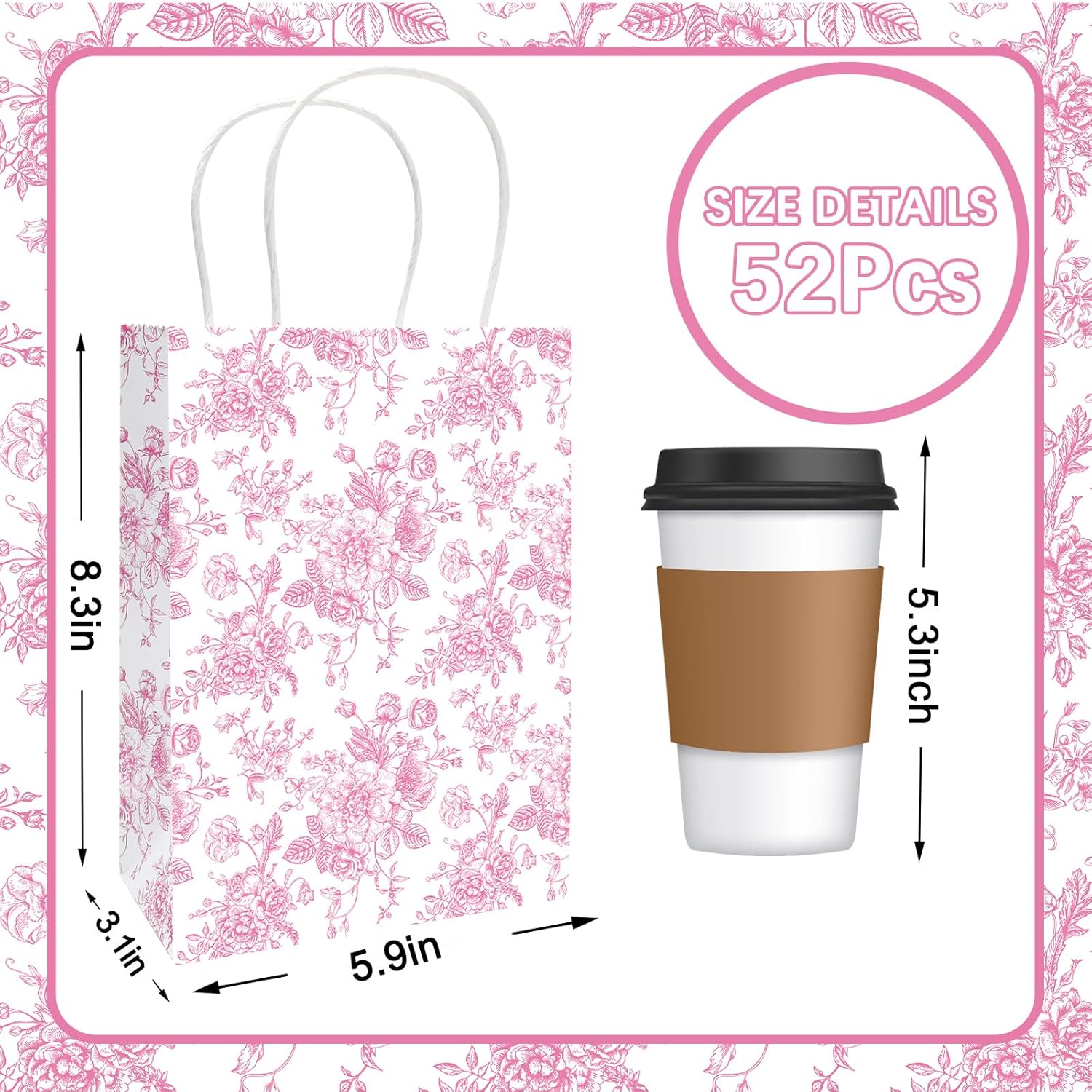 JarThenaAMCS 52Pcs Pink Floral Paper Gift Bag Vintage Wildflower Treat Bags with Handles Chinoiserie Candy Goodie Bags for Spring Summer Birthday Wedding Bridal Shower Party Favors Supplies - Image 2