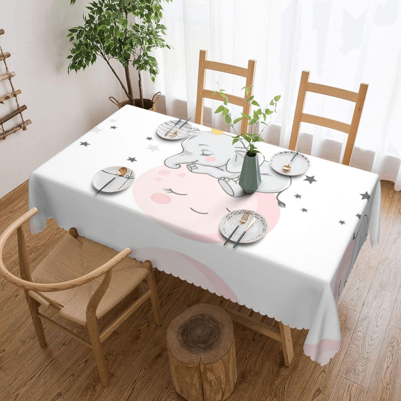 HLSBSSL Cute Baby Elephant Sleeping Pink Moon Patterned square lace tablecloth, wrinkle-resistant and durable, suitable for dining tables, parties, etc.