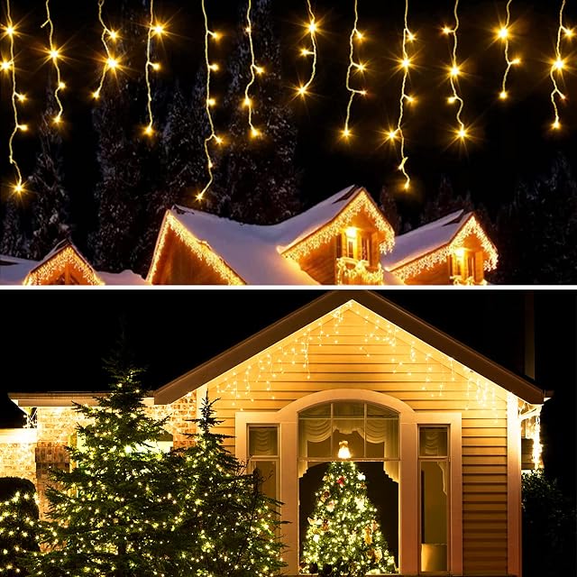 RJEDL Icicle Lights Outdoor, 480 LED 3m+8m Fairy Icicle String Lights Plug in, Waterproof Warm White Christmas Lights, Outside Lights with 8 Modes for Indoor Holiday Patio Party Wedding Decor
