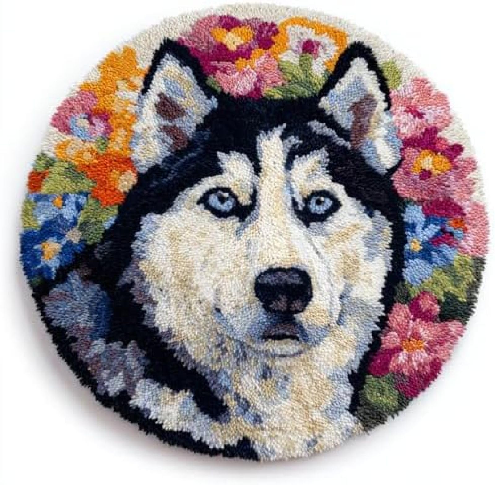 XDEGHUANGSS Latch Hook Rug Kit Siberian Husky Dog Portrait in Flowers Round Rug 52x52cm