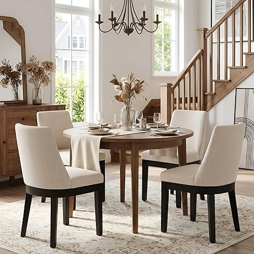 Miniatura 11 de HNY Juego de 6 sillas de comedor modernas con cómodo soporte de espalda, sillas de comedor de cocina tapizadas de lino suave con patas de madera