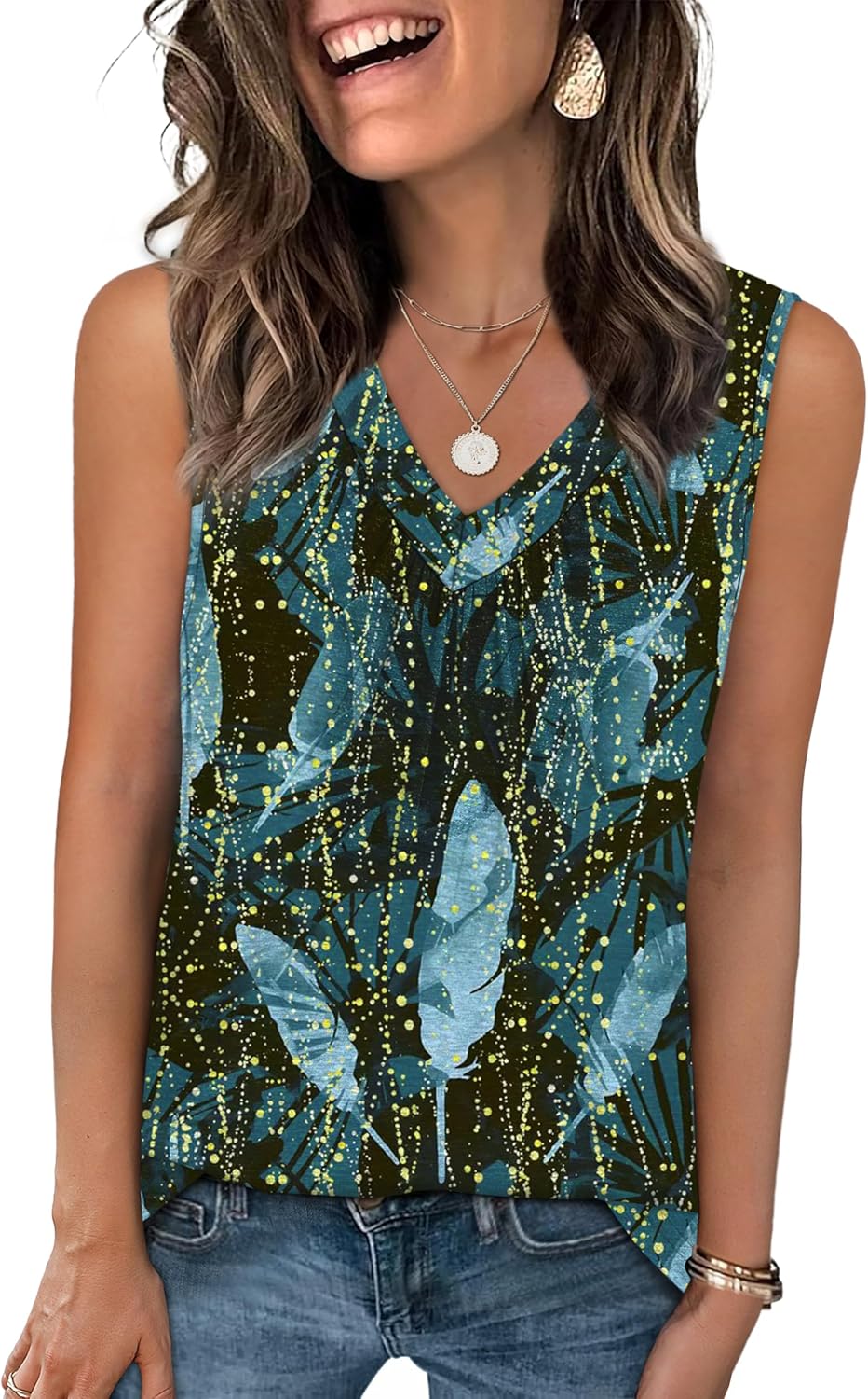 OFEEFAN Tank Top for Women Loose Fit Sleeveless Shirts V Neck Summer Clothes Ruched Women's Tees and Tanks Curved Hem