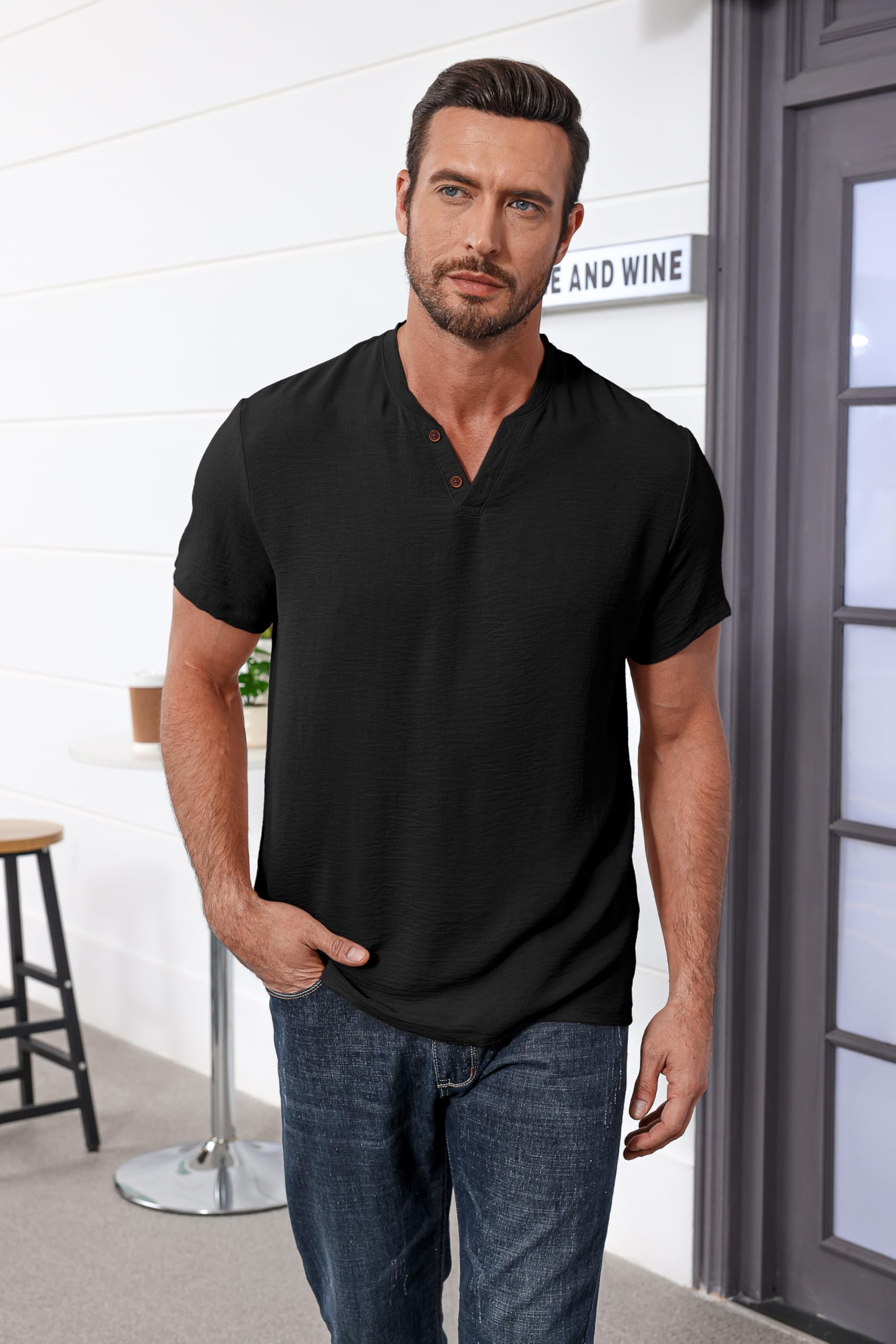 LAOARA Henry Maglietta da uomo estiva, a maniche corte, con bottoni, per vacanze, casual, leggera