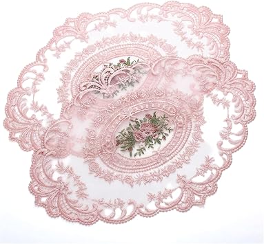 2Pcs Lace Placemats French Style Retro Placemats Pink Doilies Table Runner Lace Dresser Scarves Cup Mat Table Runner with Pink Flowers Doilies