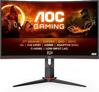 AOC Gaming CQ27G2S/BK - 27 Inch QHD Curved Gaming Monitor, 165Hz, 1ms, VA, FreeSync, HDR10, Height Adjust , Low input Lag, Game modes (2560 x 1440 165Hz, HDMI 2.0 / DP 1.2)