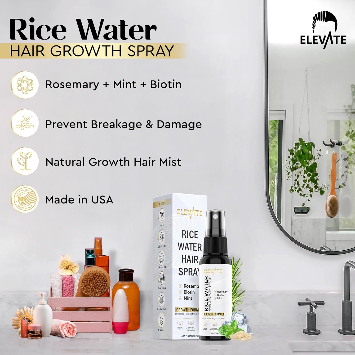 Elevate Rice Water Spray for Hair Growth - Fermented Rice Water & Rosemary Hair Mist with Biotin - Vegan Leave-In Treatment for Stronger, Thicker, Healthier Hair - Scalp Care for Women & Men - Image 8
