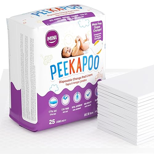 Peekapoo Mini Paquete de 25 cambiadores desechables para bebé (18 x 16 pulgadas), forro impermeable desechable, tapete protector de cambiador de
