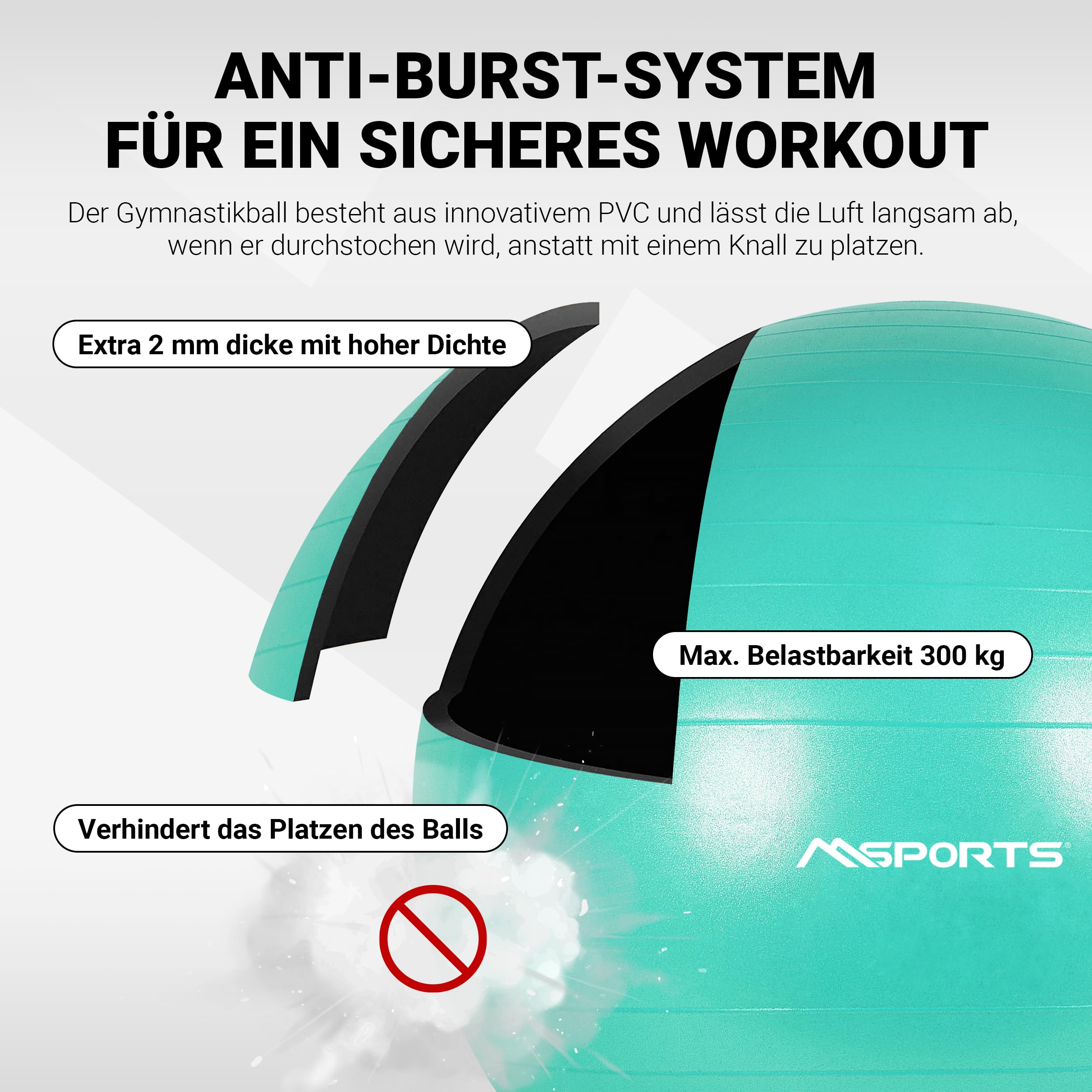 MSPORTS Gymnastikball Premium | Pilates Ball - Anti Burst inkl. Pumpe + Workout App + Übungsposter | Pezziball 55 cm - 105 cm Medizinball - Fitnessball Sitzball