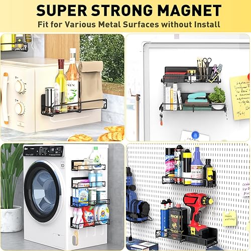 Miniatura 5 de SUNALLY Estante magnético para especias para refrigerador, paquete de 6 estantes magnéticos para refrigerador con ganchos, estante organizador de