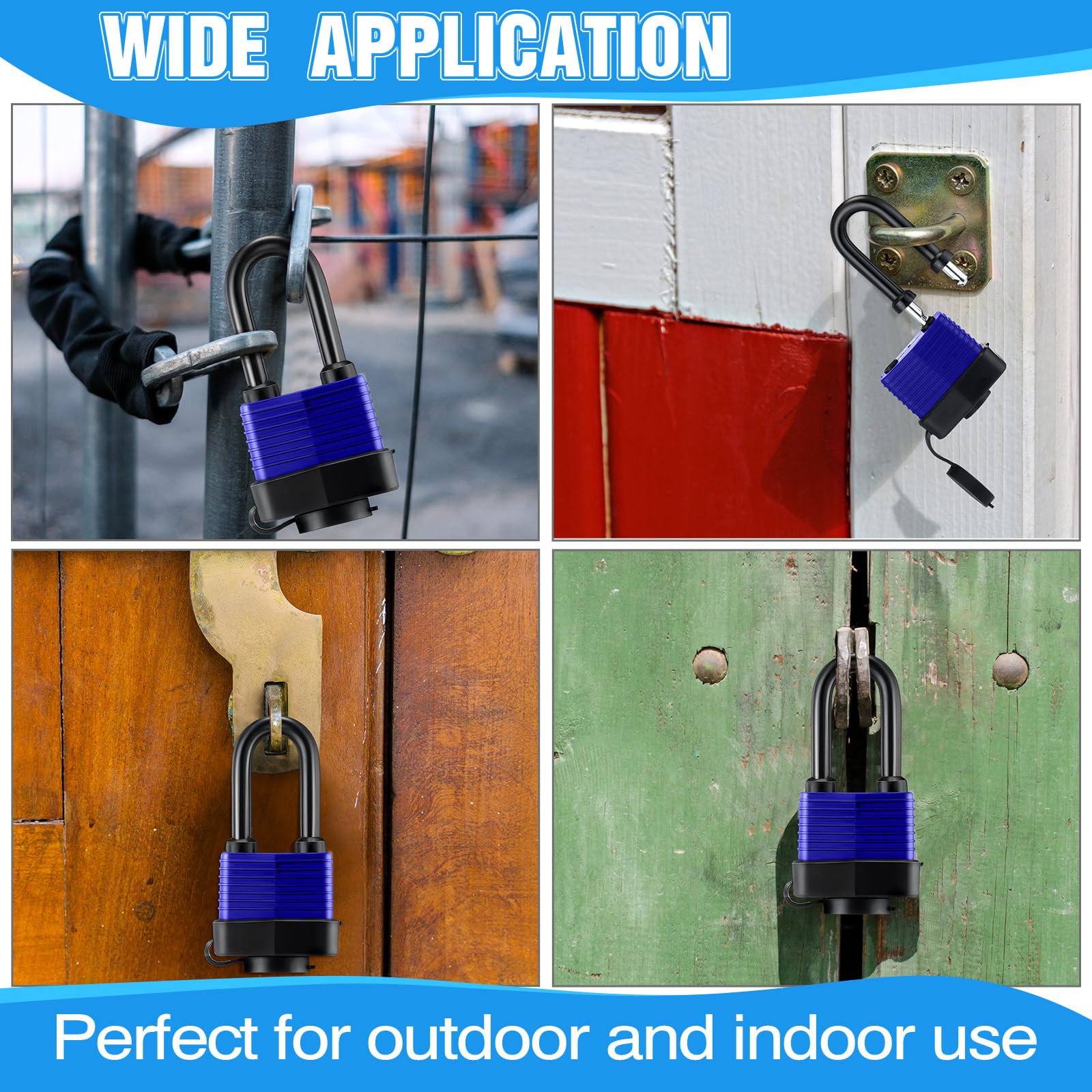 Hicarer Wasserdichte Vorhängeschlösser, gleichschließend, breit, lang, wetterfest, mit Schlüsseln, 4,8 cm, Outdoor-Vorhängeschlösser für Haus, Garten, Garage, Torsicherheit, Blau, 50 Stück
