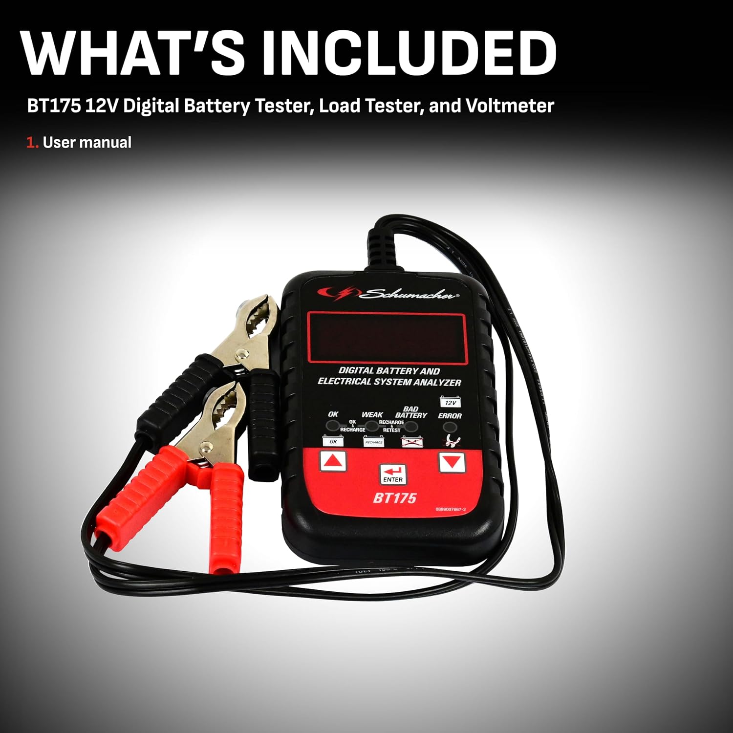 Contents of the Schumacher BT-175 package: the digital battery tester and user manual.