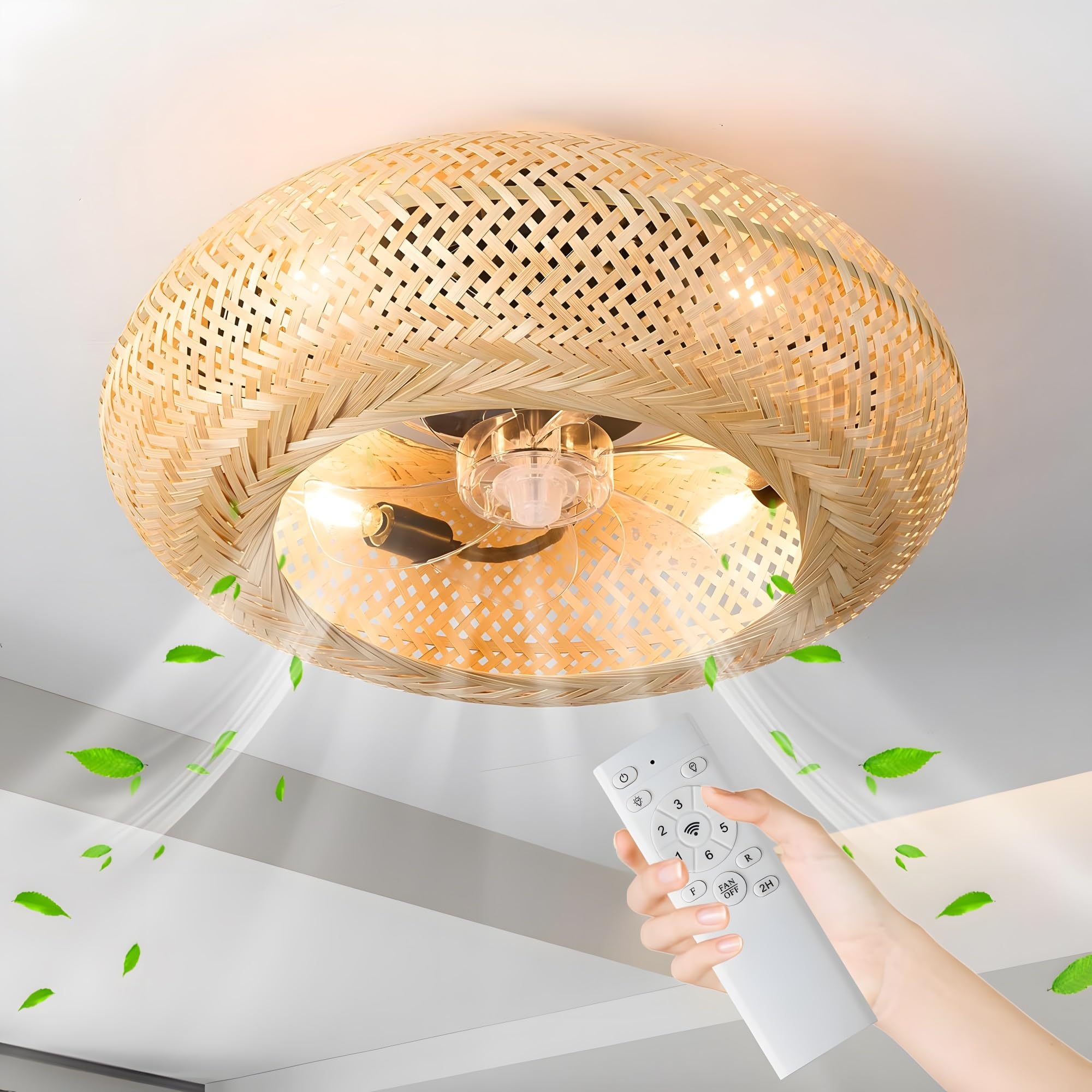 Kairry E26 Fan Light Ceiling Fan with Lighting Antique Rattan Ceiling-Mounted Bedroom, Living Room, Dining Room Lighting(A)