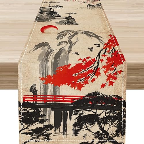 Miniatura 38 de Camino de mesa japonés, retro, tradicional, vintage, grúa, nubes, asiático, oriental, ondas, plantas, naturaleza, camino de mesa para el hogar,