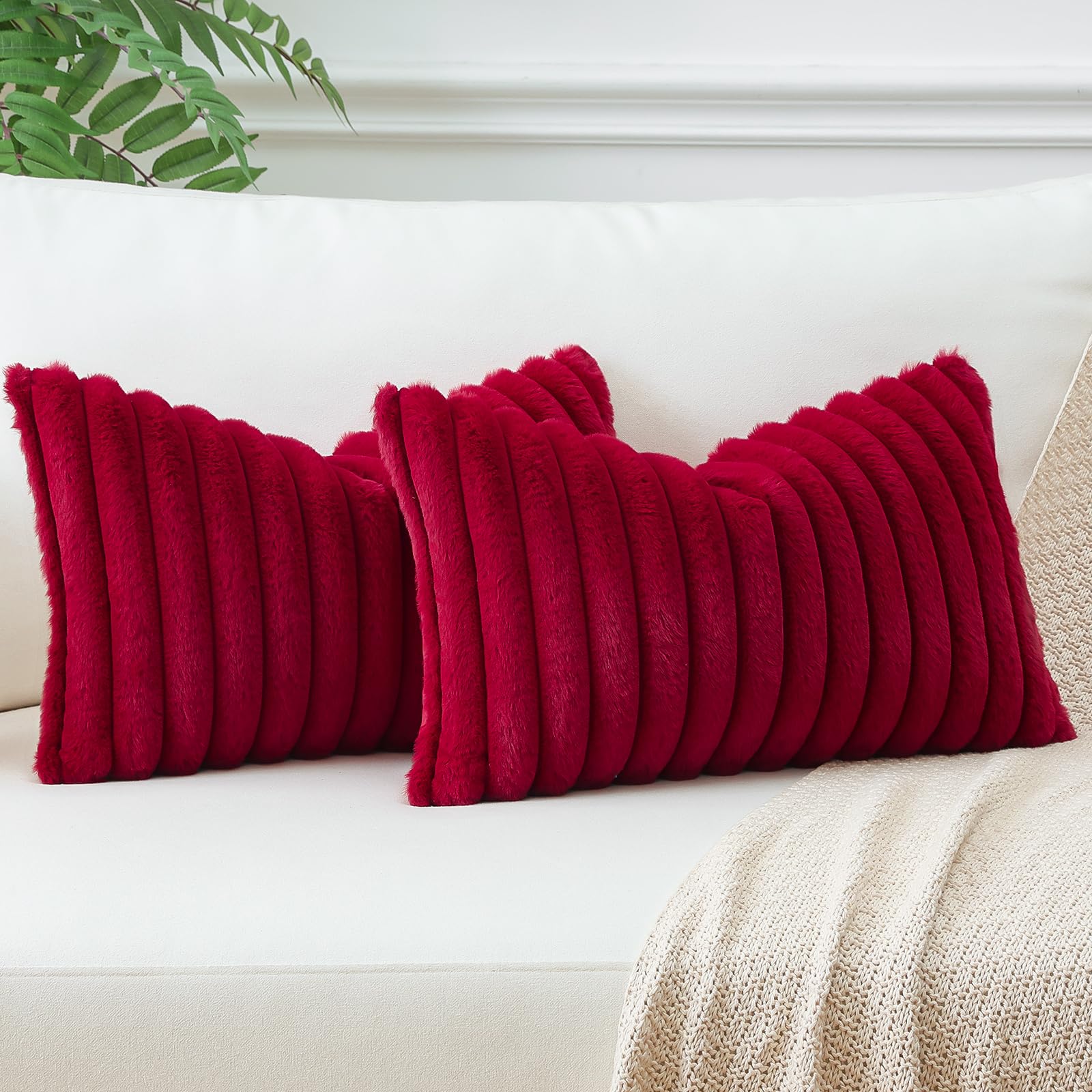 Sungeek Set of 2 Burgundy Faux Rabbit Fur Cushion Covers 40x60 cm, Soft Cozy Plush Striped Decorative Throw Pillow Covers 16x24 inch Velvet Lumbar Pillowcases for Sofa Bedroom