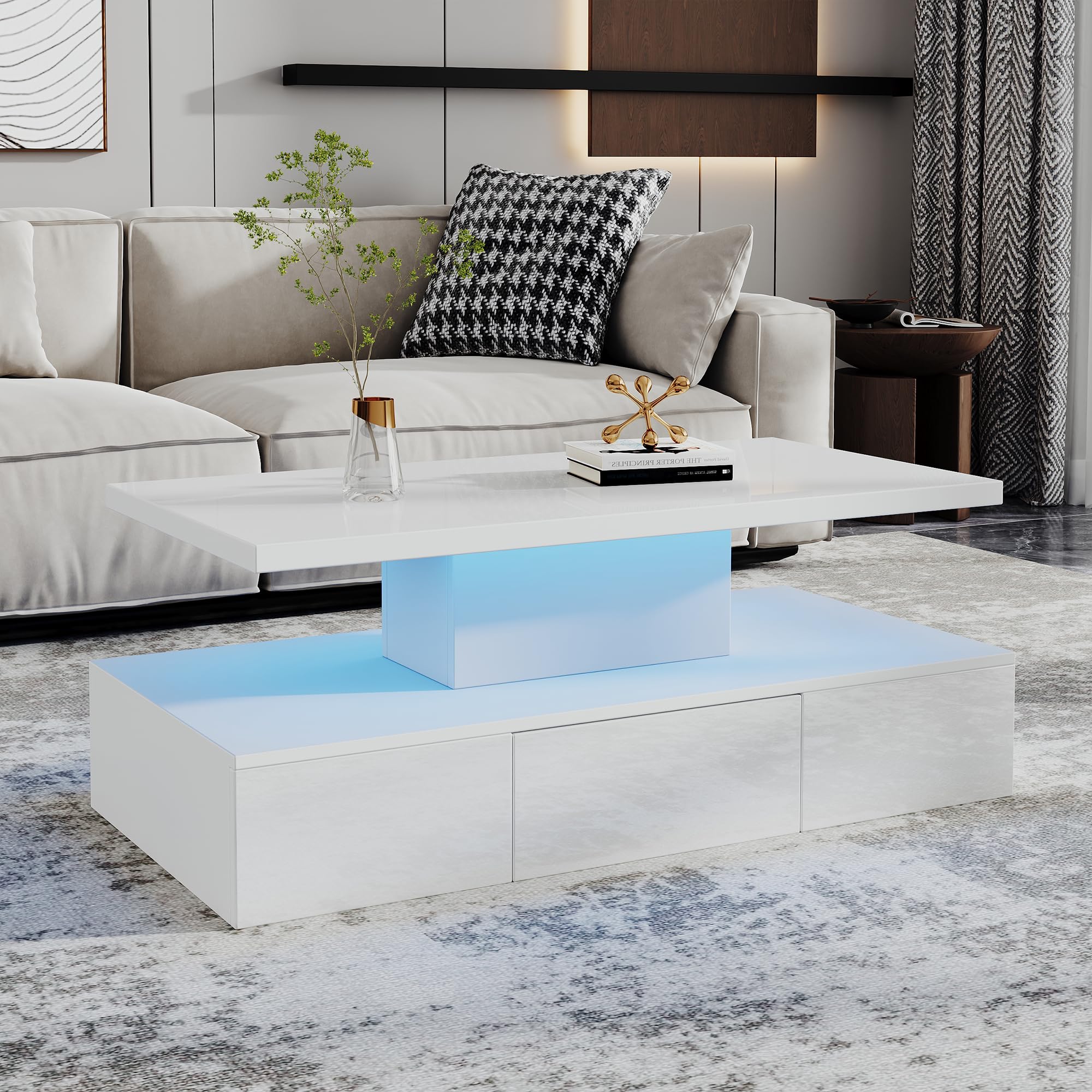 Merax Couchtisch mit LED 100x50 cm, Hochglanz Sofatisch mit Schublade, Weiß Offenes Ablagefach und geräumige Schublade für eine übersichtliche Aufbewahrung.