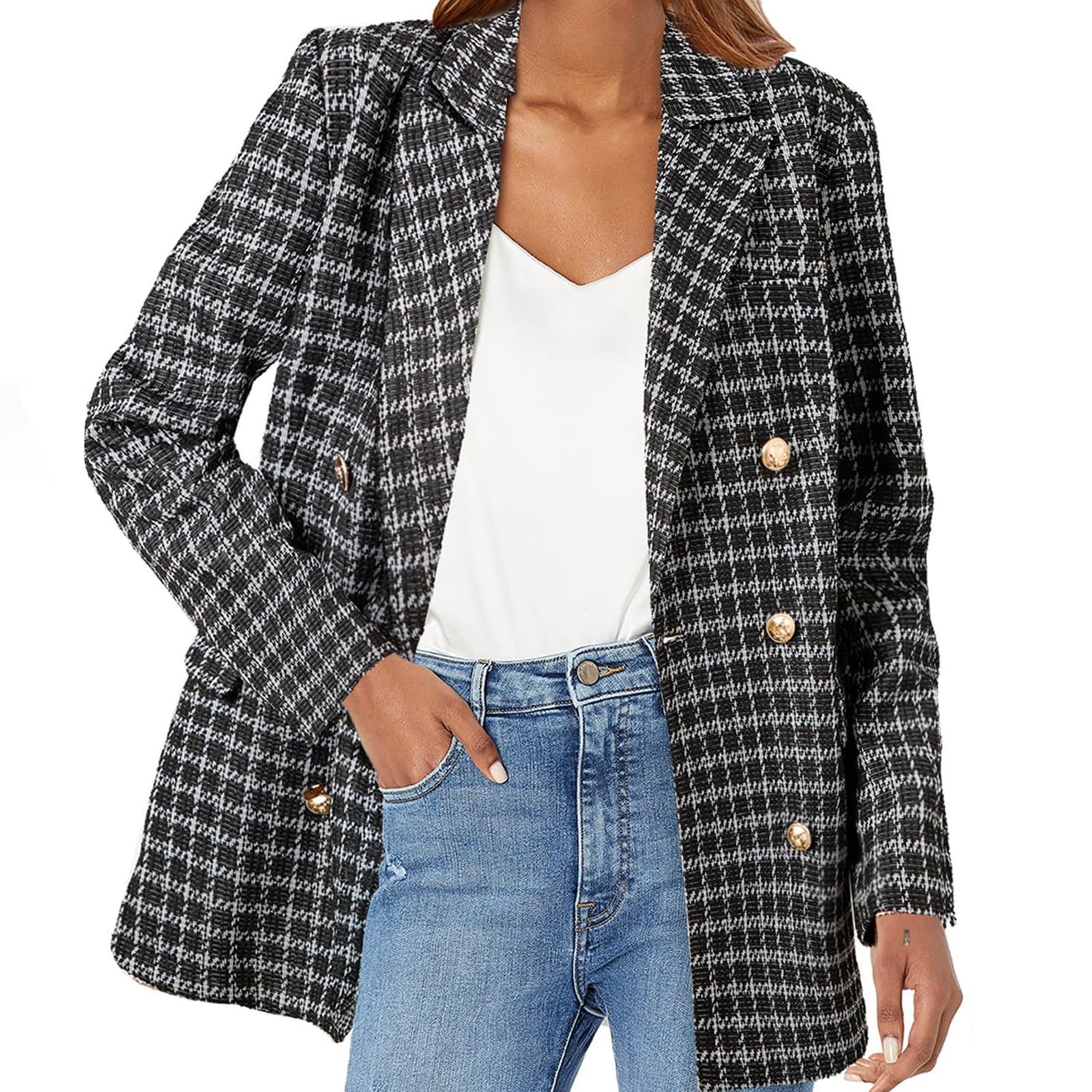 Longblazer, giacca da donna elegante, taglie grandi, in tweed da donna, in tessuto lungo, doppiopetto, giacca oversize, per il tempo libero, business, ufficio, blazer temperamento