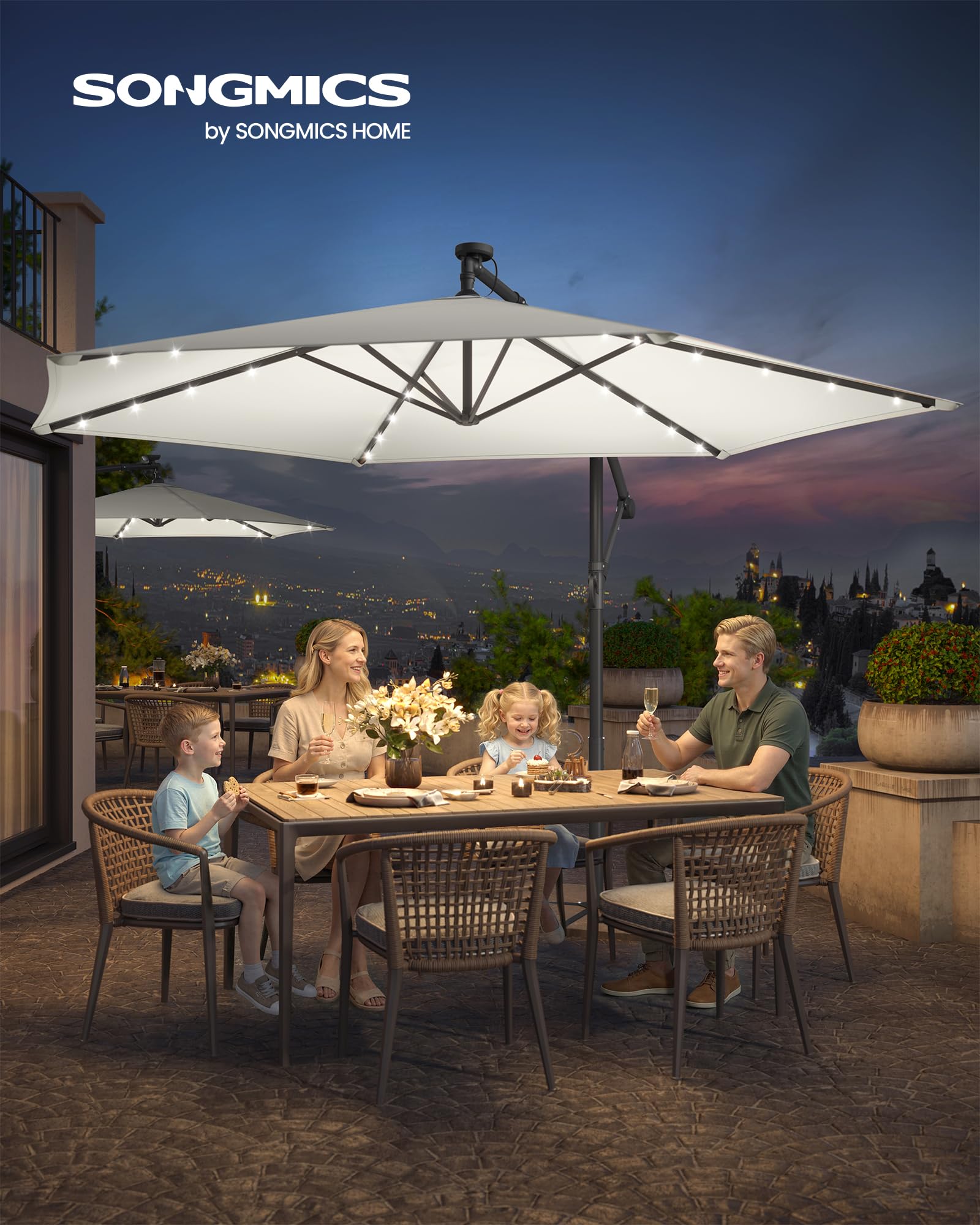 SONGMICS Sombrilla para Balcón con Iluminación LED Solar, Brazo de 350 cm de Diámetro, 32 Luces, con Base, Parasol UPF 50+, con Manivela, para Terraza, Jardín, Beige GPU119LZ01