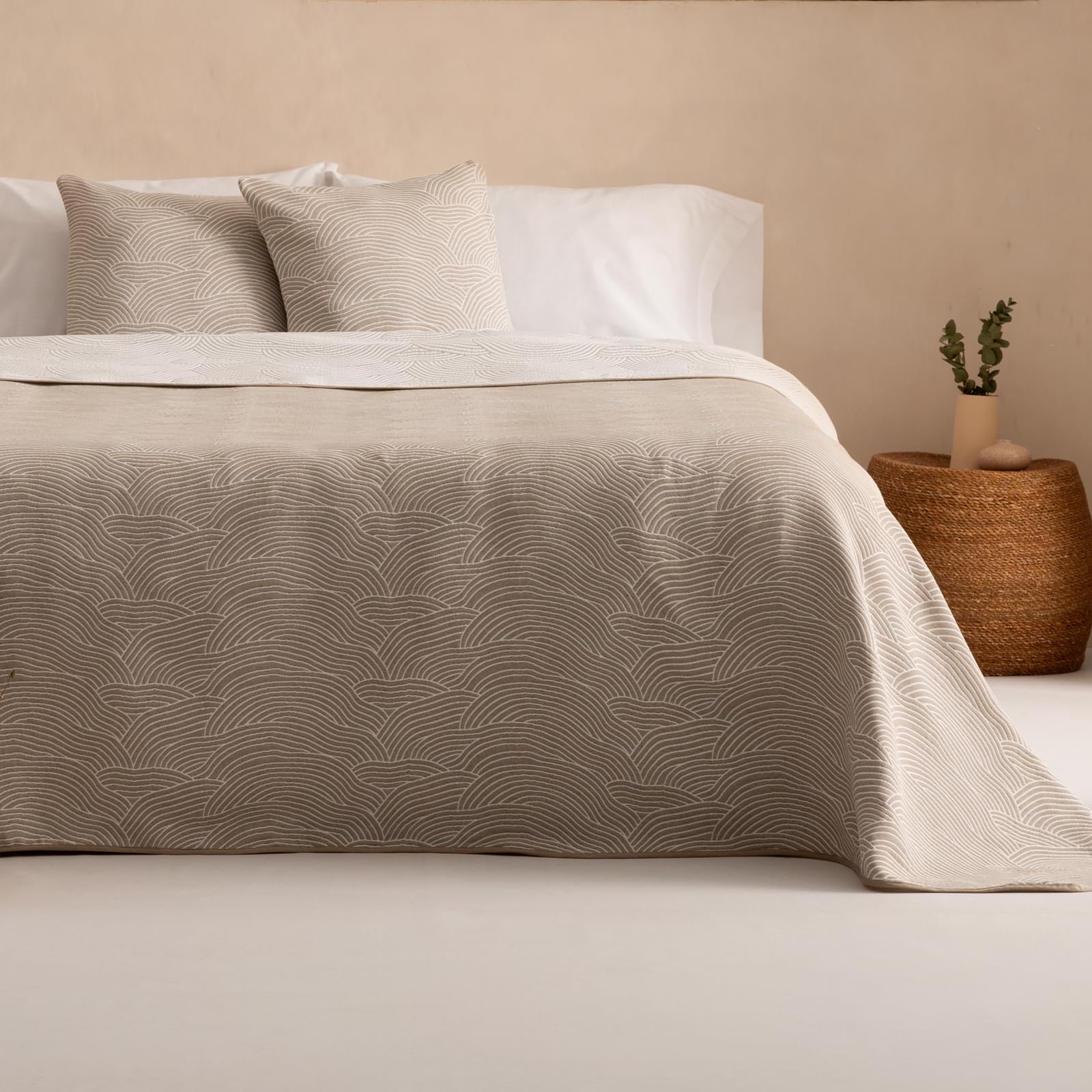 GAMUSI Colcha Moderna Cama 180 cm Ligera Entretiempo Primavera Verano Marea Jacquard algodón Transpirable, 270x270 cm, Color Beige