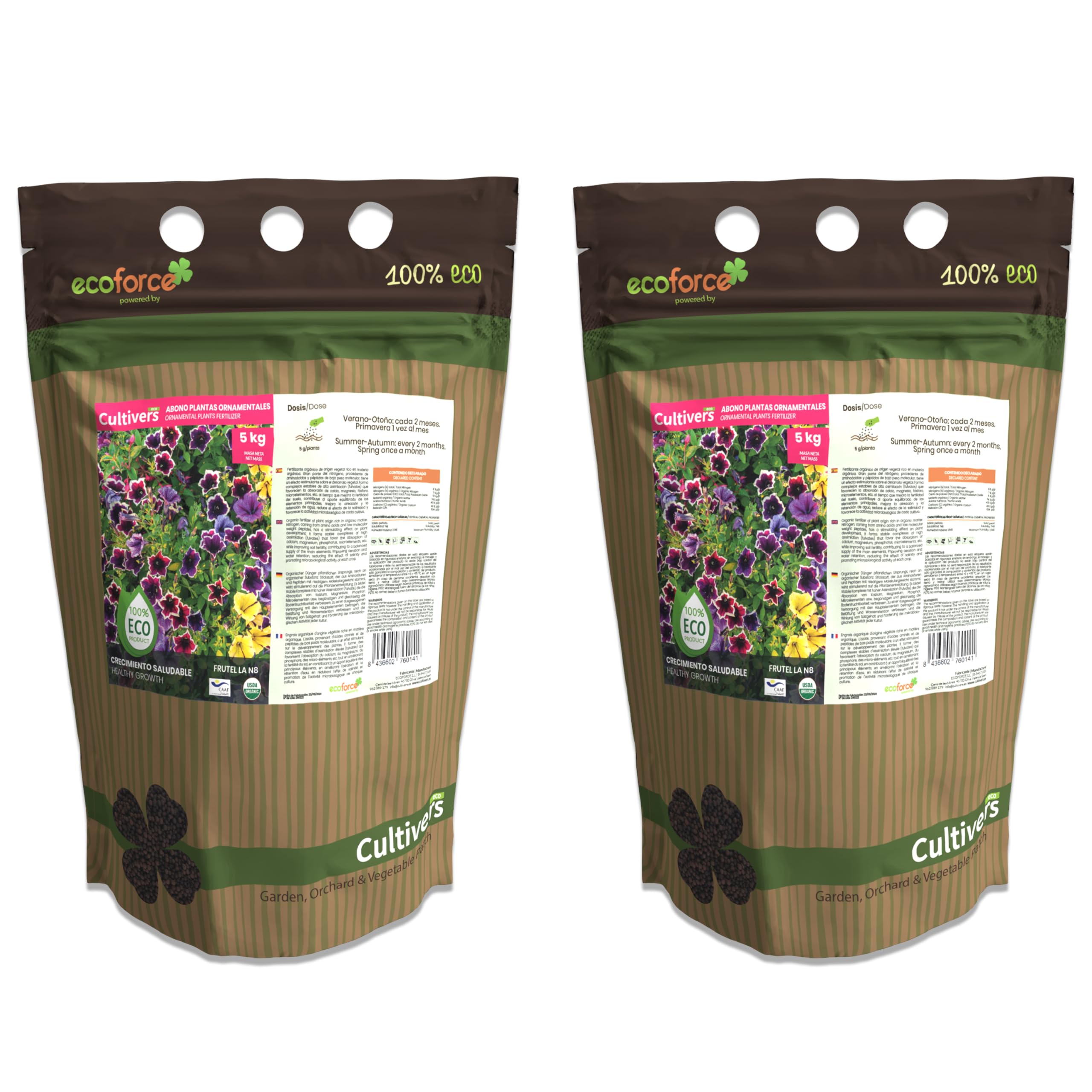 CULTIVERS Abono Ornamentales Ecológico de 2x5kg. Plantas más Verdes y mayor floración. Fertilizante Granulado Refuerza la resistencia a las enfermedades