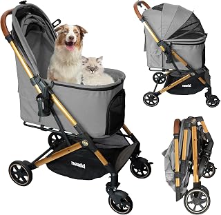 Neatki Foldable Pet Stroller for Dogs & Cats - 33 lbs Capacity, 360° Swivel Wheels, One-Click Fold, Gray
