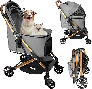 Cochecito plegable para perros y gatos | Capacidad de 15 kg | Ruedas delanteras giratorias de 360° | Plegado con un clic | Clips de correa y seguridad | Acolchado desmontable y lavable (Gris)