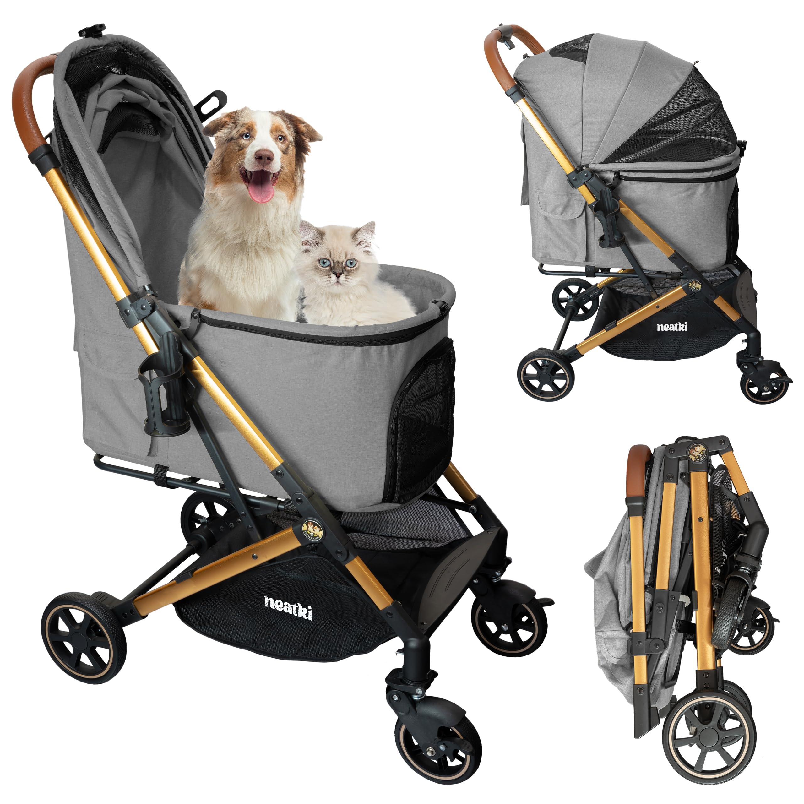 Passeggino pieghevole per cani e gatti, capacità 31,8 kg, ruote anteriori girevoli a 360°, piega con un clic, sistema frenante, clip per guinzaglio e bloccaggio, imbottitura rimovibile e