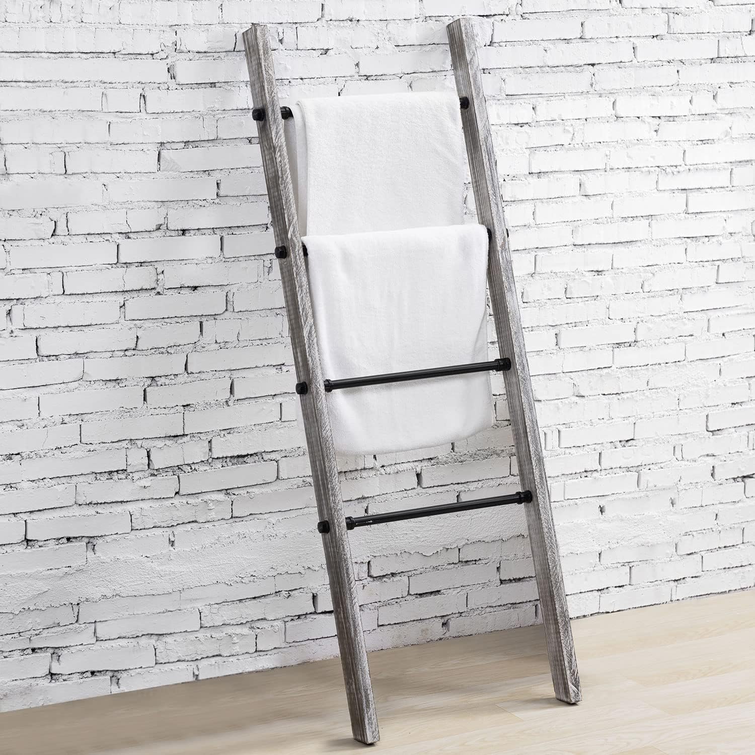 MyGift 5 Foot Graywash Wood Blanket Ladder Wall Leaning Towel Rack with 4 Metal Rung
