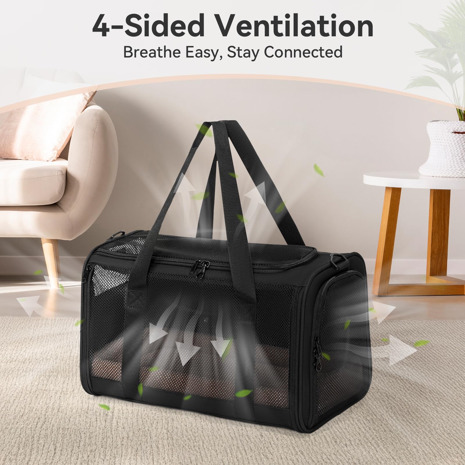 Transportín Gato y Perro Mediano Plegable - Bolsa Portátil con 2 Hebillas Seguridad, 4 Ventanas Malla y Cojín Lavable para Coche (Negro, M)