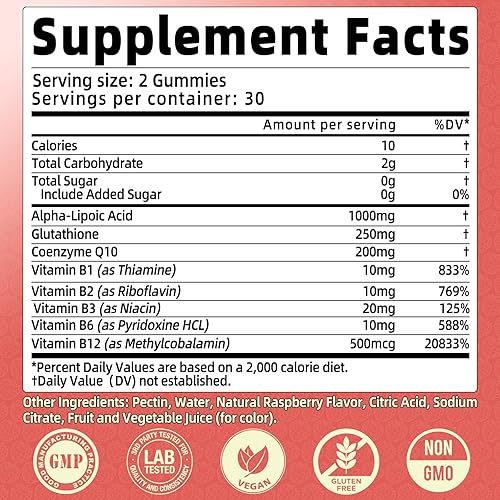 Miniatura 3 de Gomitas de ácido alfa lipoico de 1000 mg, suplemento de ALA masticable de alta potencia con glutatión, CoQ10, complejo de vitamina B para
