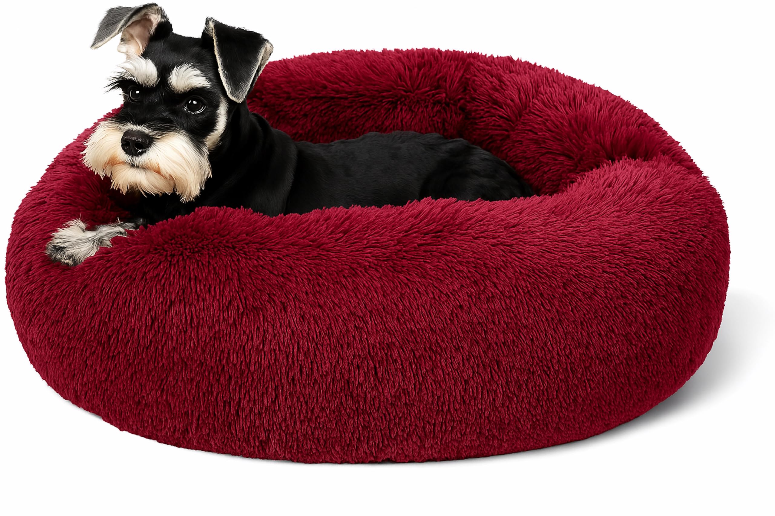 SEOUGEE Calming Donut Dog Bed, Fluffy Plush Round Cat Bed, Cosy Soft Washable Cushion Self-Warming Pet Beds Non-Slip Bottom, Indoor Sleeping Cuddler Nest for Small Medium Dogs (Burgundy 60cm)