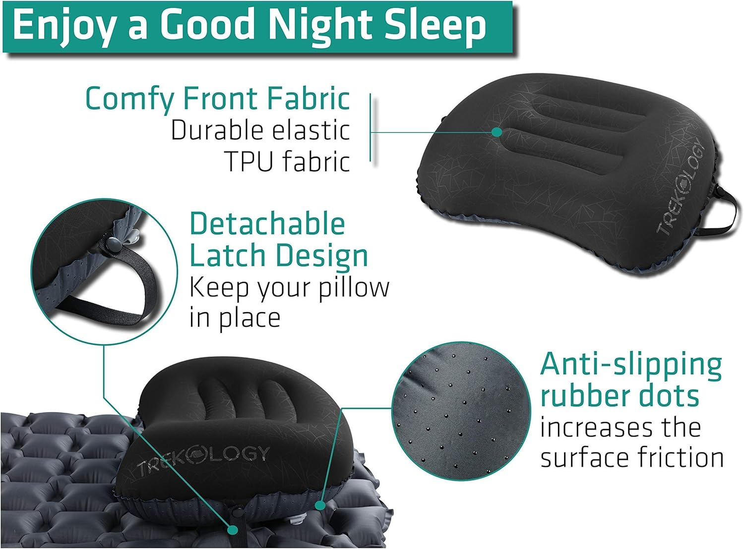 TREKOLOGY Bundle: ALUFT2.0(Black) & UL Sleeping Pad with Pump Sack-Compressible, Compact, Comfortable, Ergonomic Inflating Pillow, Inflatable Camping Mat for Travel, Camping, Hiking.