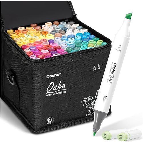 Ohuhu Alcohol Markers Double Tipped Art Marker Set for Artists Adults Coloring Sketch Illustration - Chisel & Fine Dual Tips - 100 Colors - Oahu Series of Ohuhu Markers - Refillable Ink