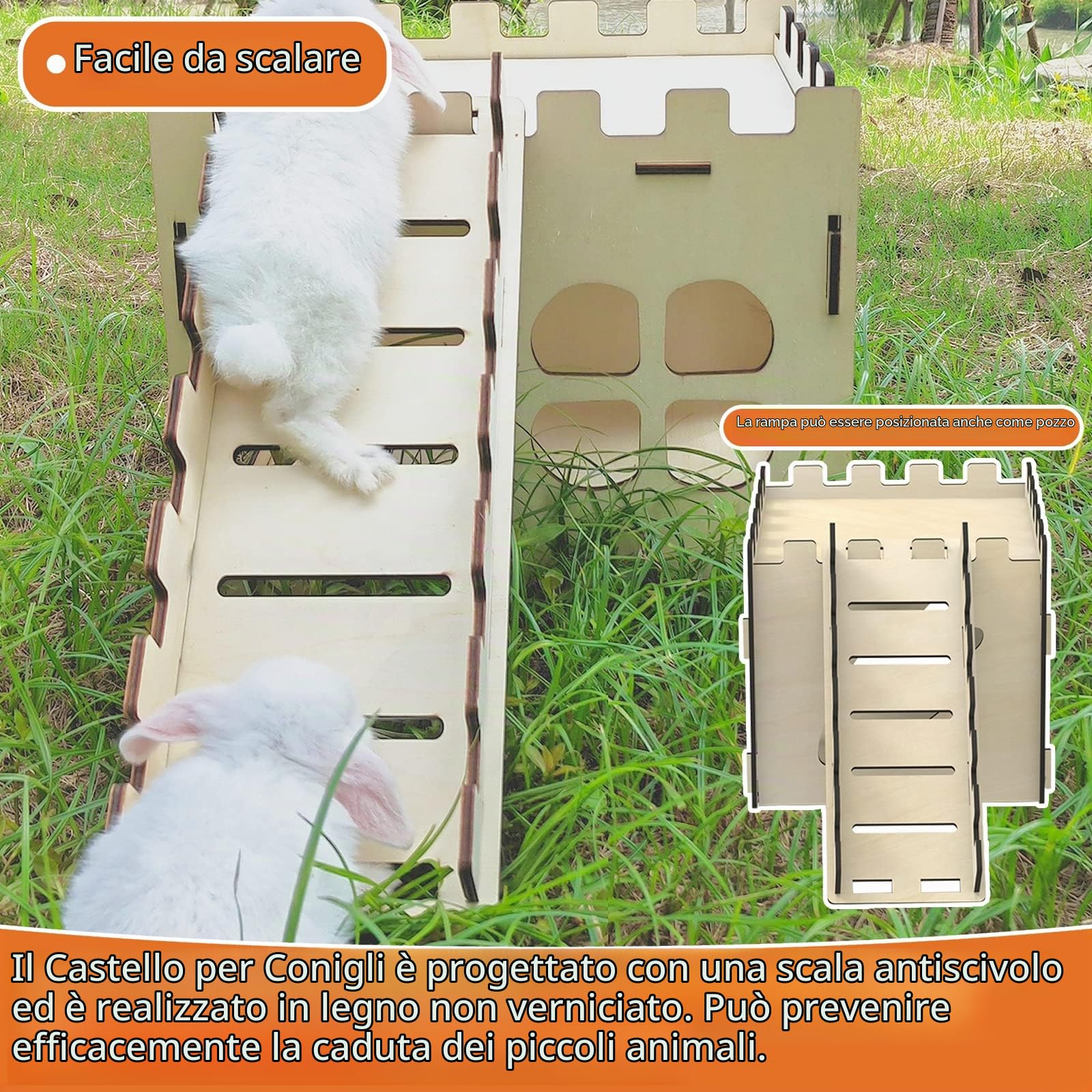 HIIMALEX Habitat extra large e robusto castello per conigli al chiuso con scale, bordi rotondi, habitat staccabili per conigli, ricci, porcellini d'India, cincillà, criceti, gerbilli